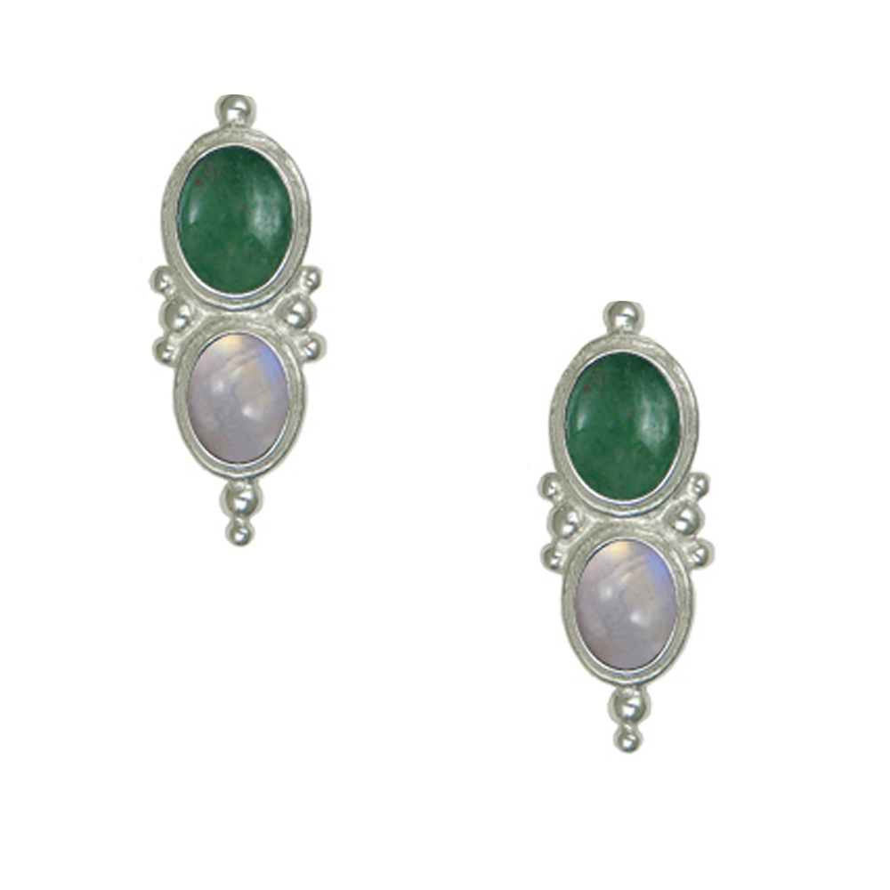 Sterling Silver Drop Dangle Earrings With Jade And Rainbow Moonstone